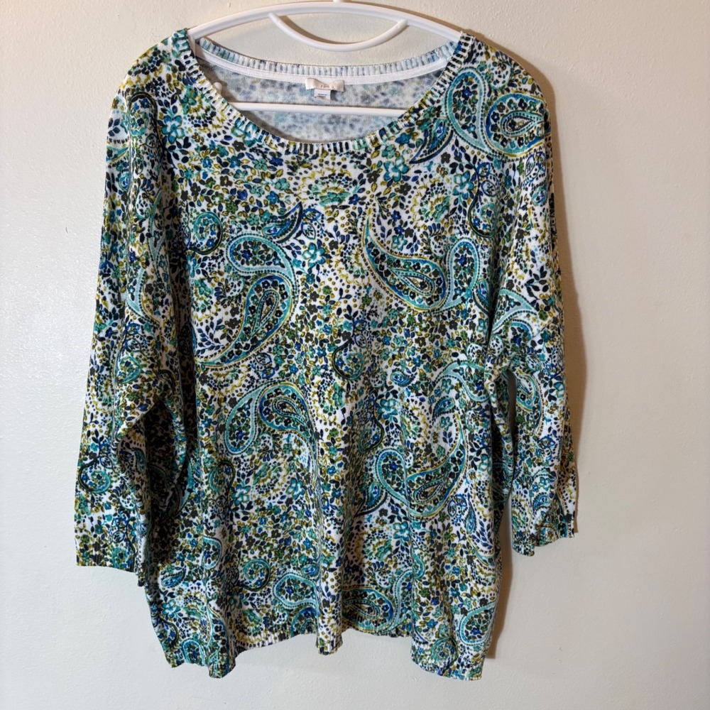 J. Jill Blue Green Paisley Cotton Blend 3/4 Sleeve‎ Sweater Size XL